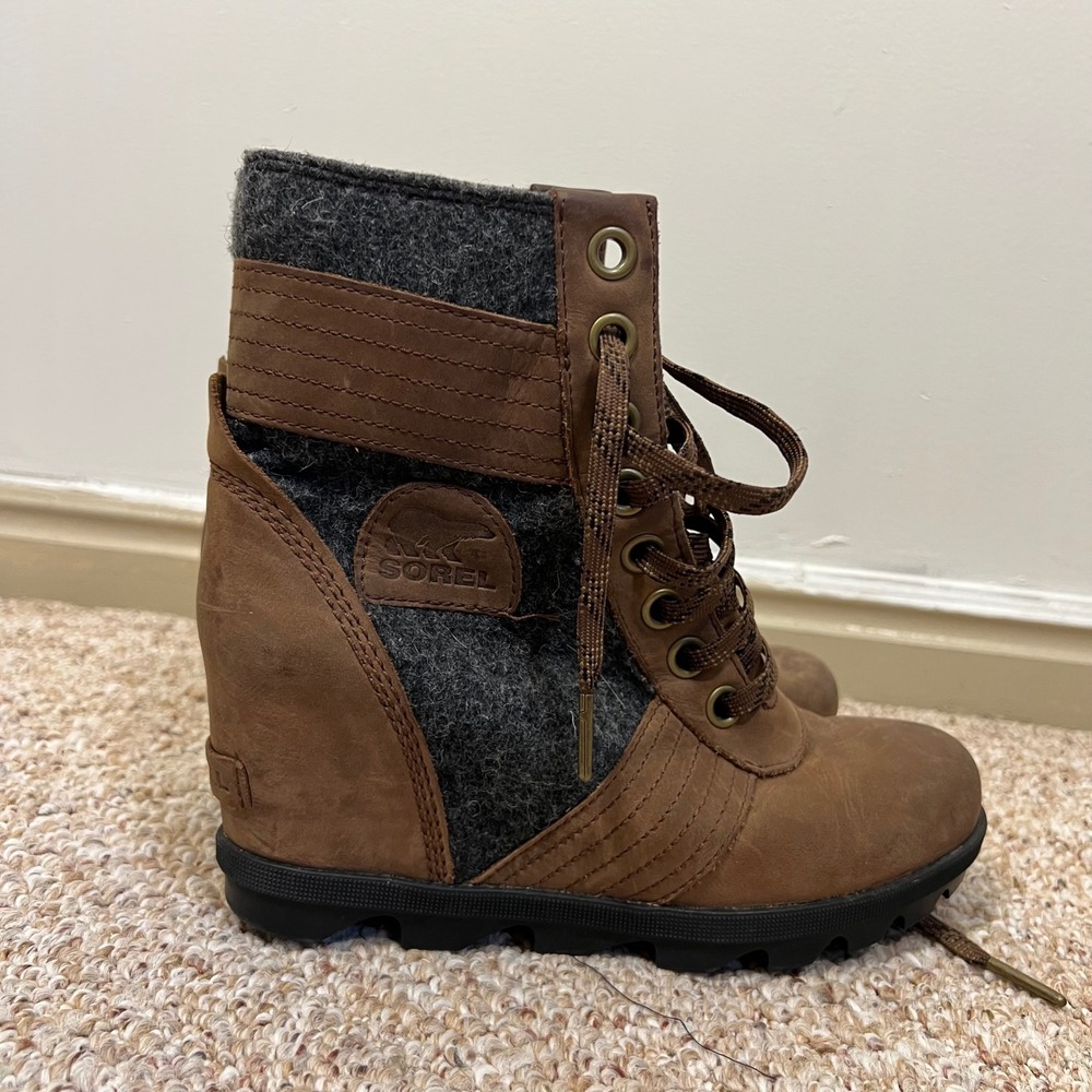 Sorel Womens Lexie Wedge Waterproof Leather Felt Lace Up Boots Brown 8